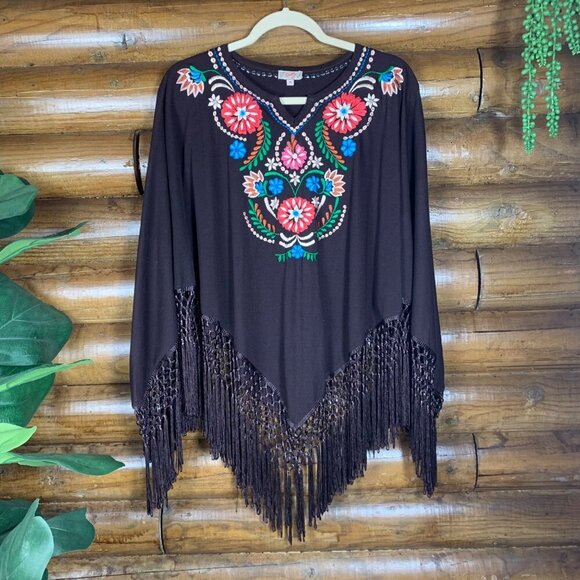 Scully Tops - Scully Women's M Brown Western Wear Poncho Embroidered Tassel Fringe Boho Festiv